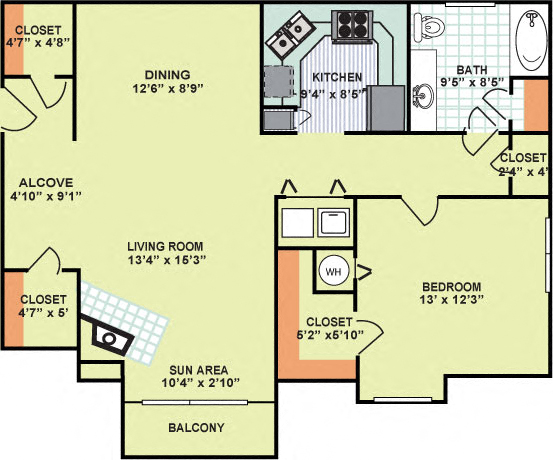 Floor plan for 1 bed, 1 bath, 992 sqft